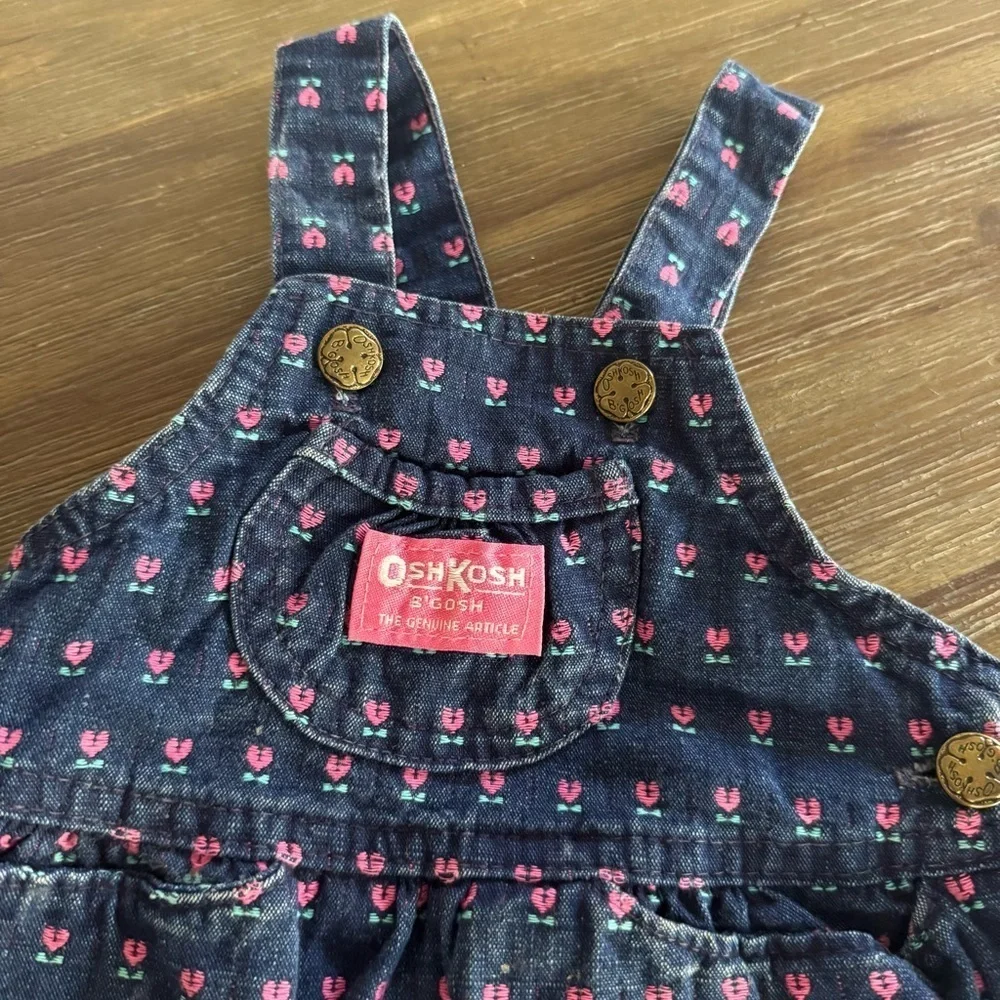 Vintage Oshkosh Denim Jean Floral Tulips Overall Dress Baby Girl Size 18M USA